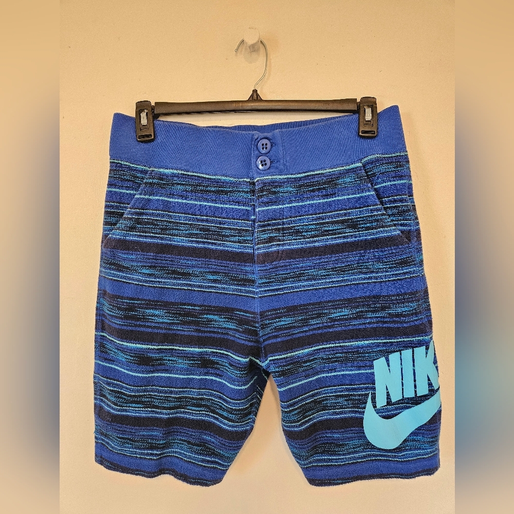 Nike F.C. Soccer Blue Striped Athletic Shorts with Aqua Swoosh